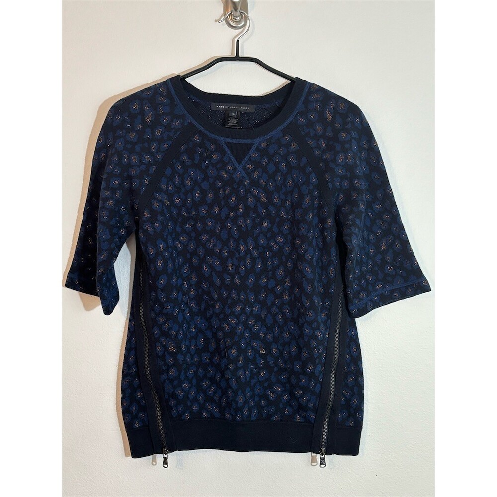 Marc by Marc Jacobs Sweater Womens XS Blue Black Leopard Short Sleeve